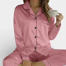Damen Pyjama Set mit Knopfleiste und Langarm Oberteil in Rosa