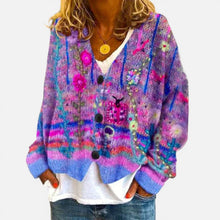 Damen Strickjacke mit Blumenmuster und Knöpfen in Lila