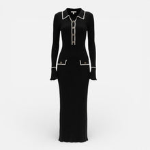 Damen Langarm Maxikleid mit Kragen und Knopfleiste in Schwarz