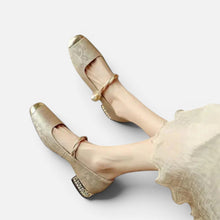 Orthopädische Mary Jane Schuhe Riemen Design Blockabsatz Jacquard Muster in Beige