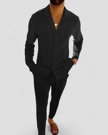 Sommer-Set aus Leinenmischung für Herren Langarmhemd und Hose in Schwarz