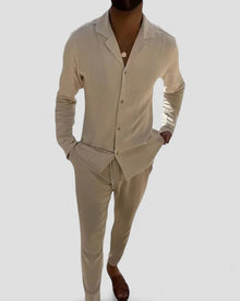 Sommer-Set aus Leinenmischung für Herren Langarmhemd und Hose in Beige