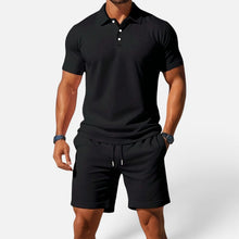 Herren Poloshirt und Shorts Set Kurzarm Strukturmuster in Schwarz