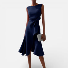 Damen Maxikleid mit V Ausschnitt und fließender Silhouette in Marineblau