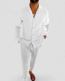 Sommer-Set aus Leinenmischung für Herren Langarmhemd und Hose in Weiß