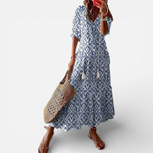 Damen Maxikleid Kurzarm V Ausschnitt Blumenmuster in Blau