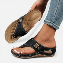 Orthopädische Zehentrenner Sandalen Keilsohle Cut Out Muster Schlupfschuh in Schwarz