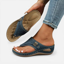Orthopädische Zehentrenner Sandalen Keilsohle Cut Out Muster Schlupfschuh in Blau