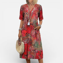 Damen Midikleid mit V Ausschnitt und Muster in Rot