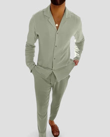 Sommer-Set aus Leinenmischung für Herren Langarmhemd und Hose in Grün