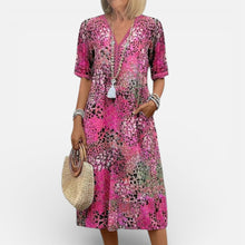 Damen Midikleid mit V Ausschnitt und Muster in Rosa