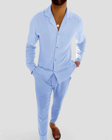 Sommer-Set aus Leinenmischung für Herren Langarmhemd und Hose in Blau