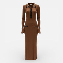 Damen Langarm Maxikleid mit Kragen und Knopfleiste in Braun