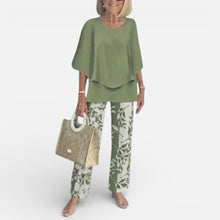 Damen Zweiteiler mit Bluse und gemusterter Hose in Grün