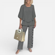 Damen Zweiteiler mit Bluse und gemusterter Hose in Grau