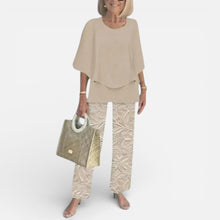 Damen Zweiteiler mit Bluse und gemusterter Hose in Khaki