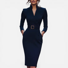 Martina | Damen Midikleid Gürtel V-Ausschnitt – Gürtelkleid Tailliert Sommer 2026 in Blau