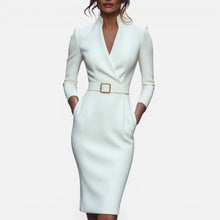 Martina | Damen Midikleid Gürtel V-Ausschnitt – Gürtelkleid Tailliert Sommer 2026 in Weiß