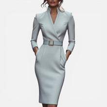 Martina | Damen Midikleid Gürtel V-Ausschnitt – Gürtelkleid Tailliert Sommer 2026 in Grau