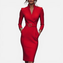 Martina | Damen Midikleid Gürtel V-Ausschnitt – Gürtelkleid Tailliert Sommer 2026 in Rot