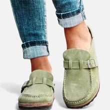 Damen Wildleder Slipper mit Schnalle in Grün