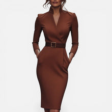 Martina | Damen Midikleid Gürtel V-Ausschnitt – Gürtelkleid Tailliert Sommer 2026 in Braun