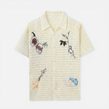 Herren Häkelshirt mit Stickerei und Knopfleiste in Beige