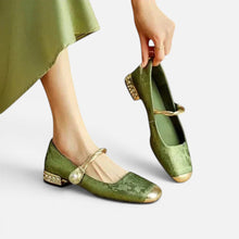 Orthopädische Mary Jane Schuhe Riemen Design Blockabsatz Jacquard Muster in Grün