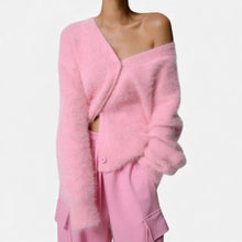 Damen Kaschmir Strickjacke mit flauschiger Oberfläche in Rosa