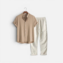 Zweiteiliges Set Kurzarm Stehkragen Knopfleiste Hose in Beige