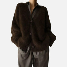 Damen Kaschmir Strickjacke mit flauschiger Oberfläche in Dunkelbraun