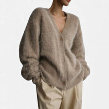 Damen Kaschmir Strickjacke mit flauschiger Oberfläche in Khaki