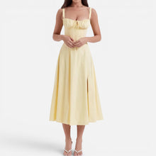 Midikleid Trägerkleid Gerafft Polyester Schlitz Saum in Gelb