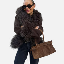 Damen Kunstpelz Jacke mit weitem Kragen in Braun