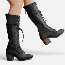 Damen Kniehohe Schnürstiefel mit Blockabsatz in Schwarz