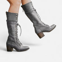 Damen Kniehohe Schnürstiefel mit Blockabsatz in Grau