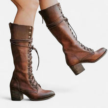 Damen Kniehohe Schnürstiefel mit Blockabsatz in Braun