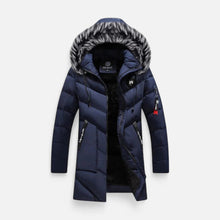 Herren Winterjacke mit Kapuze und Kunstfellkragen in Marineblau