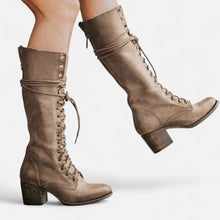 Damen Kniehohe Schnürstiefel mit Blockabsatz in Khaki
