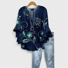 Ina | Florale Damenbluse mit V-Ausschnitt in Dunkelblau