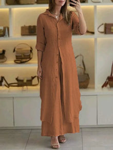 Damen Lässig Knopfleiste Lagenlook Blusenkleid Set in Braun
