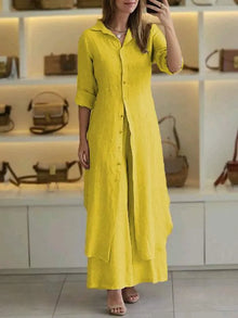 Damen Lässig Knopfleiste Lagenlook Blusenkleid Set in Gelb