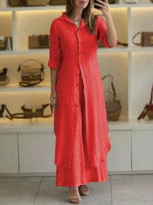 Damen Lässig Knopfleiste Lagenlook Blusenkleid Set in Rot