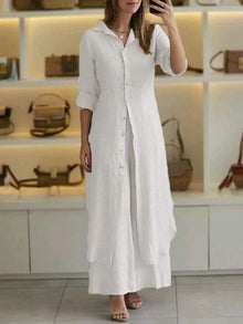 Damen Lässig Knopfleiste Lagenlook Blusenkleid Set in Weiß
