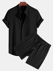 Muscle Fit Geripptes Stehkragen Hemd & Shorts in Schwarz