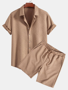 Textur Jacquard Hemd & Shorts mit Knopfleiste in Bräune