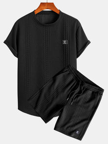 Kurzärmeliges geometrisches Jacquard-T-Shirt mit abgerundetem Saum & Shorts in Schwarz