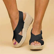 Damen Überkreuzten Riemen Keilabsatz Sandalen in Schwarz