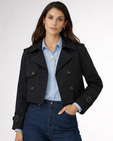 Kurze Trenchjacke für Damen mit doppelter Knopfleiste und Reverskragen in Schwarz