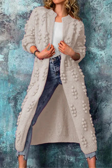 Luisa | Lange Damen Strickjacke im Norweger-Stil mit Pompons in Beige